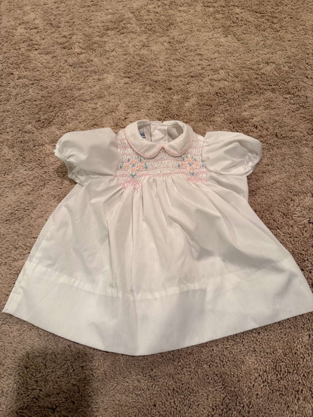 Vintage Polly Flinders White Smocked Puff-Sleeve Girls Dress